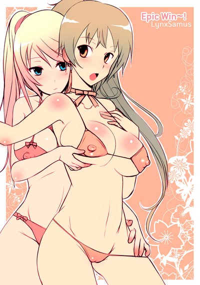 2girls bikini blush breast_grab breasts cameltoe character_name cleavage covered_erect_nipples female female_focus female_only fire_emblem fire_emblem:_the_blazing_blade grabbing human long_hair lyn_(fire_emblem) lyndis_(fire_emblem) makotosama_85 metroid multiple_females multiple_girls nintendo pussy rule34 samus_aran swimsuit yuri