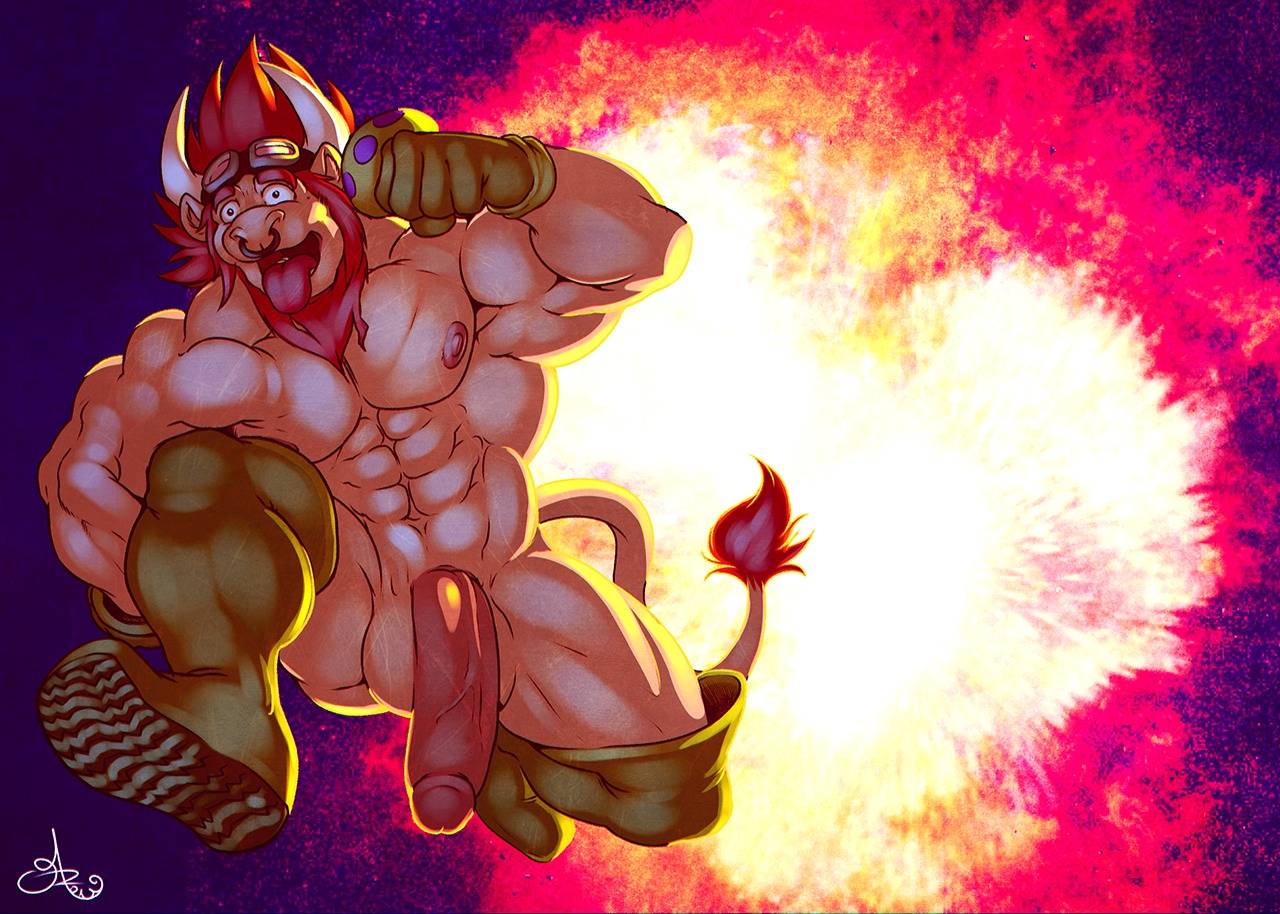 abs action_pose anthro athletic balls barazoku beard biceps big_muscles big_penis biped boots bovid bovine brown_body brown_fur cattle clothing e621 explosion eyewear facial_hair facial_piercing flaccid footwear fur genitals gloves goggles hair handwear horn humanoid_genitalia humanoid_penis long_hair long_penis male mammal modem_redpill muscular muscular_anthro muscular_male nipples nose_piercing nose_ring nude open_mouth pecs penis piercing pose presenting red_hair ring_piercing running septum_piercing septum_ring shoes solo tongue tongue_out trahern vein
