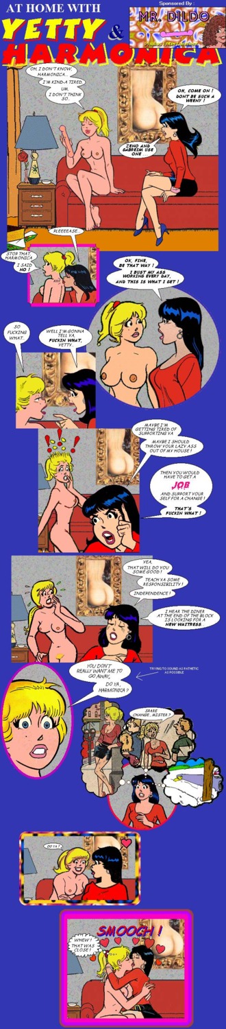 2girls archie_comics ass betty_and_veronica betty_cooper biesiuss black_hair blonde_hair blue_eyes breasts female high_heels kissing multiple_females multiple_girls nude pussy rule34 skirt veronica_lodge yuri