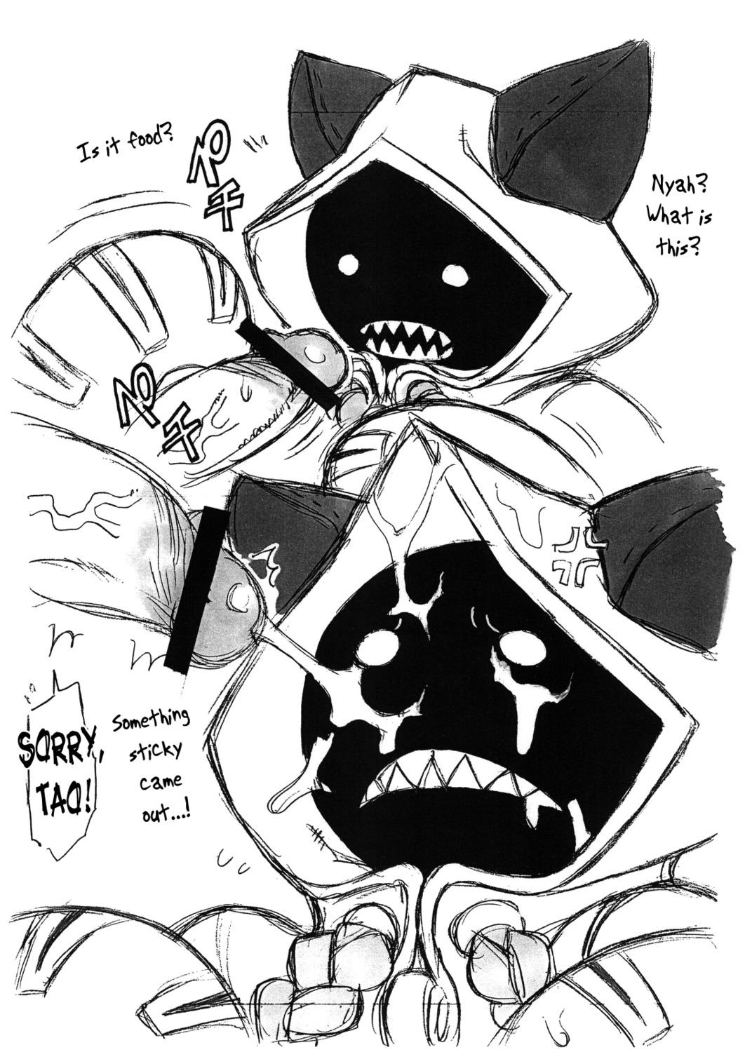 2boys blazblue censored cum cum_on_face curious facial female highres male monochrome nakagami_takashi penis rule34 sketch taokaka text translated veins veiny_penis