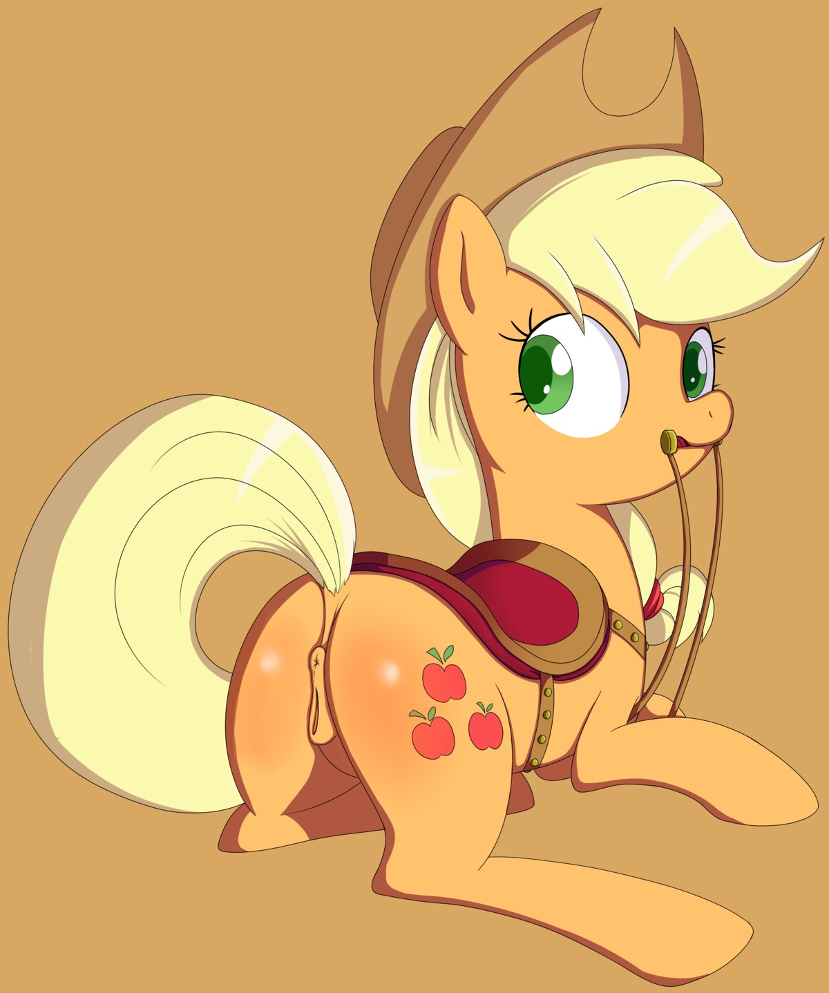 2012 absurd_res anus applejack_(mlp) blonde_hair bridle clothing cowboy_hat cutie_mark e621 earth_pony equid equine female feral freckles friendship_is_magic genitals green_eyes hair hasbro hat headgear headwear hi_res horse looking_at_viewer mammal miketheuser my_little_pony pony presenting reins saddle simple_background solo tail vulva