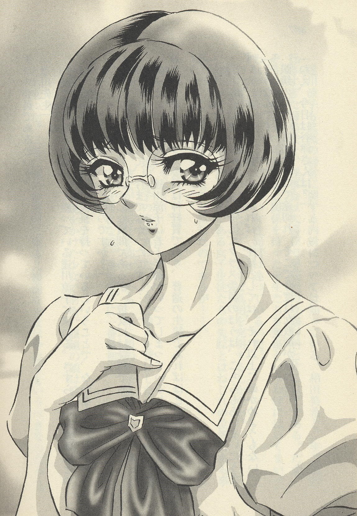 female glasses high_res highres manga mefisto_no_gakuen megane monochrome pointy_chin rule34 scan school_uniform short_hair solo