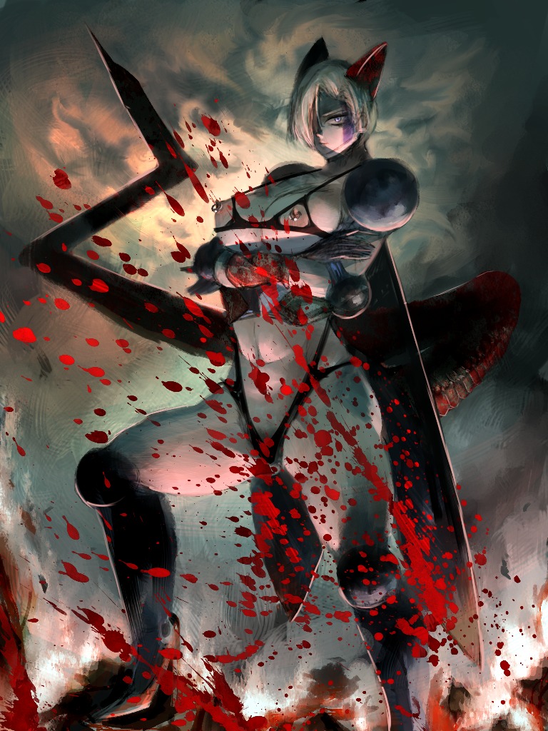 bio-android_(dragon_ball) blood blood_splatter blood_stain breasts cell_(dragon_ball) clothes color crossed_arms dragon_ball dragon_ball_z female female_cell female_only front_view hair nipples red_blood rule34 rule_63 short_hair skimpy_clothes solo standing tail
