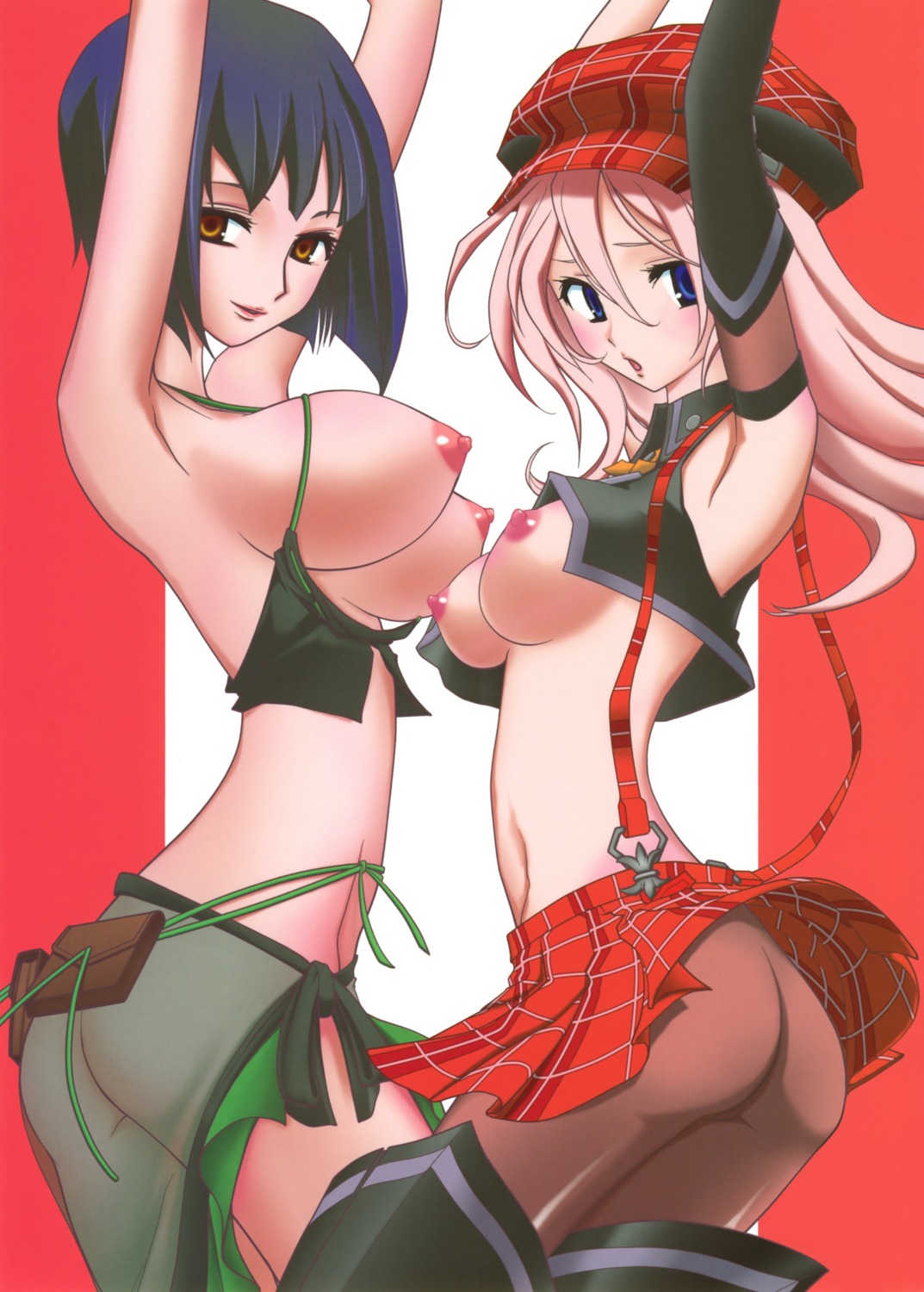 2girls alisa_ilinichina_amiella arisa_iriinchina_amieera arms_up ass blonde_hair blue_eyes blue_hair boots breasts female female_only god_eater god_eater_burst hat highres multiple_females multiple_girls navel nipples pantyhose rule34 tachibana_sakuya thigh_boots thighhighs yuri