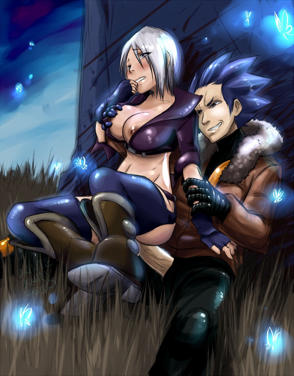 angel_(kof) big_breasts blue_eyes blush breast_grab breasts cleavage female grey_hair human interracial k9999 king_of_fighters large_breasts male nipples penis penis_out reverse_cowgirl_position rule34 sex straight