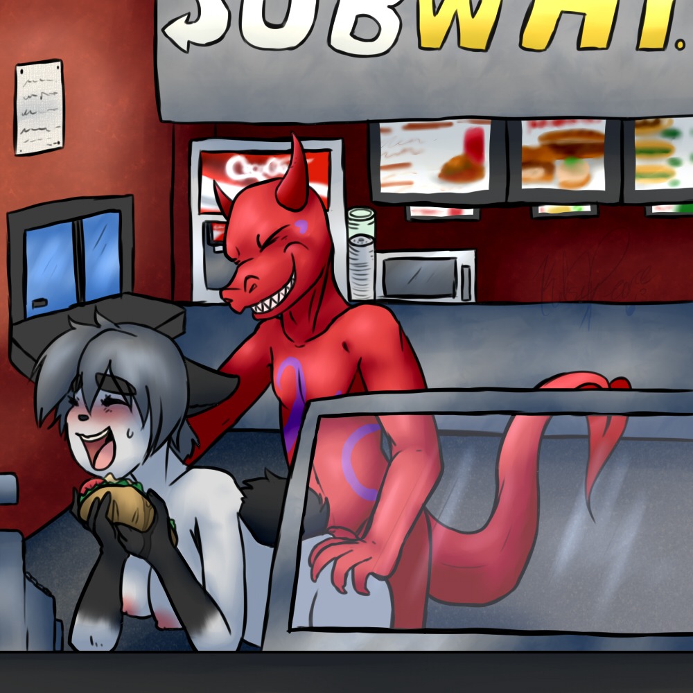 1:1 2013 anthro bent_over blush breasts butt butt_grab circle clenched_teeth domestic_cat dragon duo e621 eyes_closed felid feline felis female food fur grey_body grey_fur grey_hair grin hair hand_on_butt hanging_breasts hannah_(caitsith511) happy happy_sex horn interspecies machine male male/female mammal markings mythological_creature mythological_scalie mythology nipples nude open_mouth public purple_markings queenkami red_body red_horn red_skin sandwich_(food) scalie sex smile spade_tail submarine_sandwich subway_(restaurant) tail teeth window