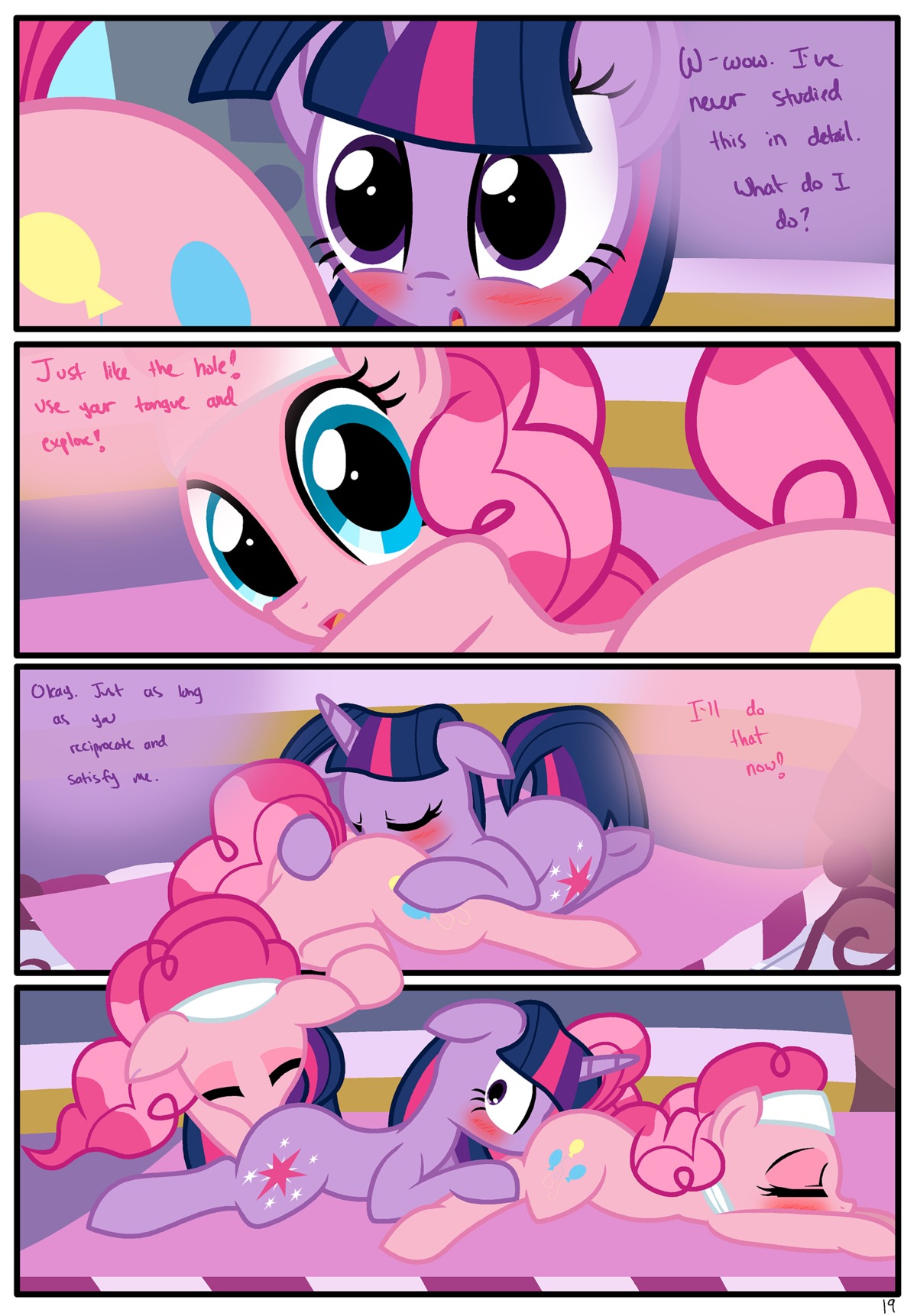 absurd_res blue_eyes blush breaking_the_fourth_wall comic cunnilingus dialogue e621 earth_pony english_text equid equine female female/female friendship_is_magic fur group hair hasbro hi_res horn horse mammal multicolored_hair my_little_pony mythological_creature mythological_equine mythology oral pink_body pink_fur pink_hair pinkie_pie_(mlp) pony purple_body purple_eyes purple_fur purple_hair pyruvate sex text twilight_sparkle_(mlp) two_tone_hair unicorn vaginal