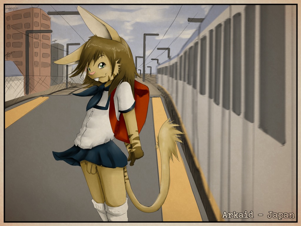 4:3 acchan_(arkaid) anthro arkaid backpack balls biped bottomwear brown_body brown_fur brown_hair brown_markings buckteeth clothed clothing crossdressing detailed_background domestic_cat e621 felid feline felis femboy flaccid foreskin fur genitals green_eyes gynomorph_(lore) hair happy humanoid_genitalia humanoid_penis hybrid intersex_(lore) japan lagomorph leporid looking_at_viewer male mammal markings no_underwear outside penetration penis pink_nose rabbit randoseru school_uniform skirt sky smile solo standing tail tan_body tan_fur teeth train uniform vehicle young young_anthro young_male