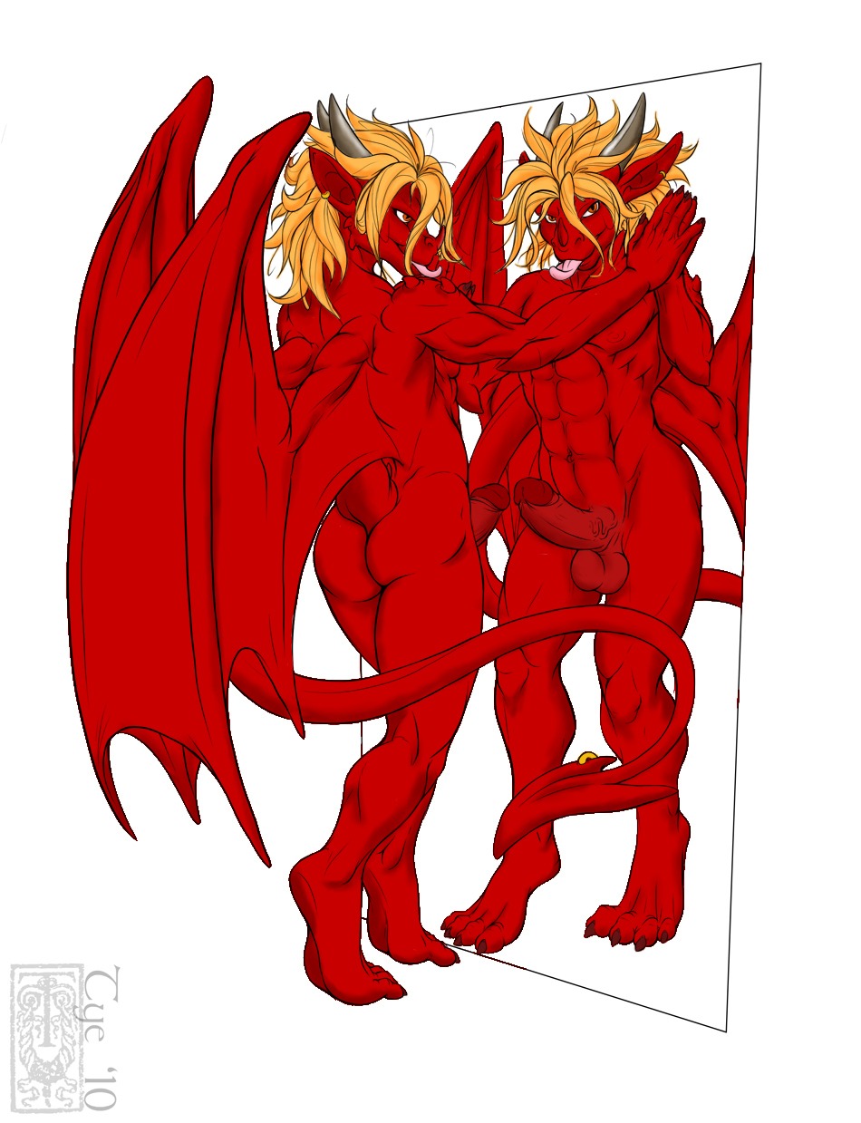 abs amber_eyes biceps blonde_hair claws dragon e621 erection european_mythology genitals hair hi_res horn looking_at_viewer male membrane_(anatomy) membranous_wings mirror muscular muscular_male mythological_creature mythological_scalie mythology nude pecs penis red_body red_skin reflection scalie solo soulfire standing tail third-party_edit tyelle_niko western_dragon wings