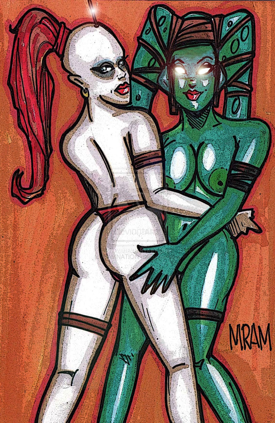 2girls aayla_secura anus ass aurra_sing bounty_hunter earrings female female_only jedi multiple_females multiple_girls ramnation rule34 star_wars thong twi'lek watermark