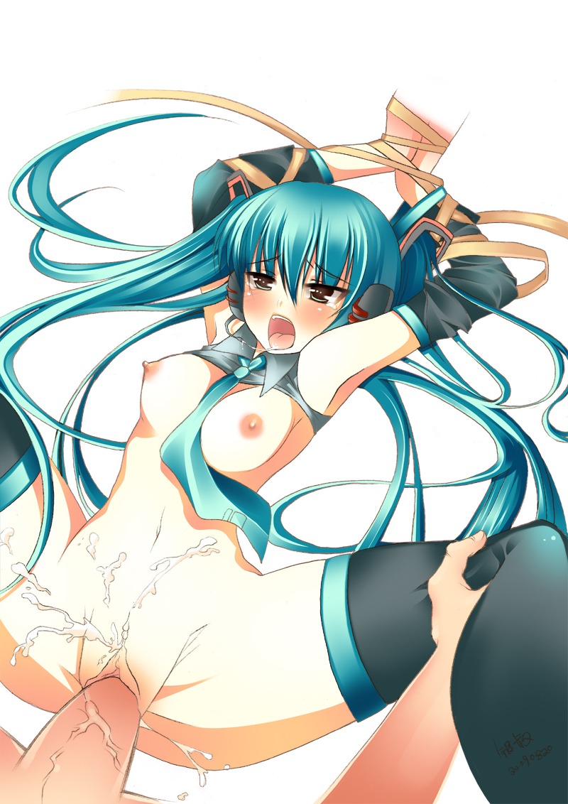 1boy 1girl aqua_eyes aqua_hair arms_up bdsm blush bondage bound breasts cum detached_sleeves female hatsune_miku hetero long_hair medium_breasts necktie nipples open_mouth penis pussy rule34 sex solo_focus spread_legs tagme tears thighhighs twintails uncensored vaginal very_long_hair vocaloid