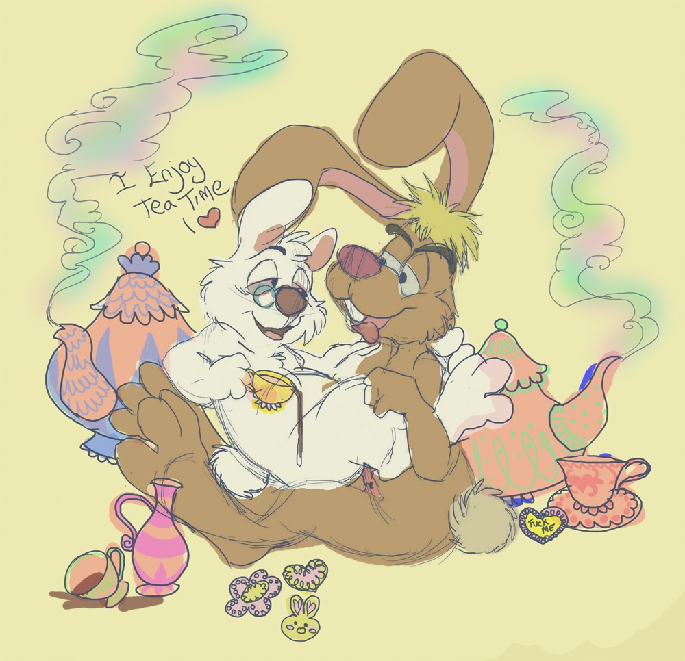 2011 alice_in_wonderland alice_in_wonderland_(1951) alice_in_wonderland_(disney) anthro beverage buckteeth colored_sketch container cup dialogue disney duo e621 english_text erection feet food genitals hare hindpaw lagomorph leporid lidded_eyes male male/male mammal march_hare march_hare_(disney) paws penis pink_sclera profanity rabbit simple_background sketch tbid tea tea_cup teapot teeth text the_white_rabbit the_white_rabbit_(disney) yellow_background