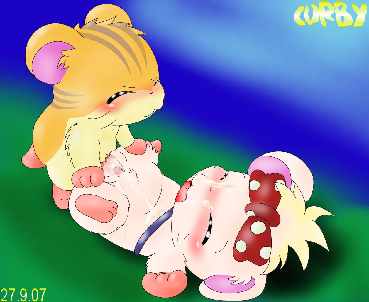 accessory blush bodily_fluids bow_(feature) bow_accessory bow_ribbon cricetid cum cum_inside curby duo e621 erection eyes_closed female genital_fluids genitals hair_accessory hair_bow hair_ribbon hamster hamtaro_(series) lazuli_(hamtaro) lying male male/female mammal nude on_back open_mouth penis ribbons rodent sex simple_background stan_(hamtaro) vulva