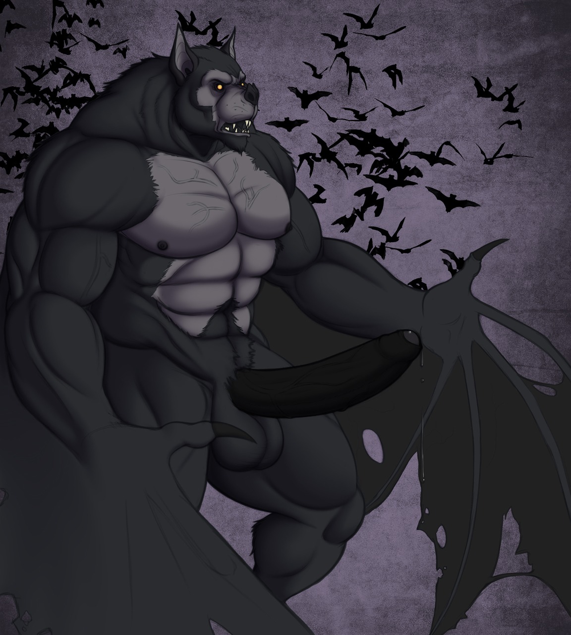 2014 abs anthro areola balls bat biceps big_balls big_muscles big_penis biped black_body black_fur black_nipples black_nose black_penis black_tongue bodily_fluids claws dark_theme e621 erection fangs feral foreskin front_view fur genital_fluids genitals glowing glowing_eyes grey_body grey_fur hi_res huge_muscles humanoid_genitalia humanoid_penis leaking male mammal membrane_(anatomy) membranous_wings muscular muscular_anthro muscular_male nipples nude open_mouth partially_retracted_foreskin pecs penis precum presenting pubes realistic_wings solo standing teeth tongue vamplust vein veiny_penis wings