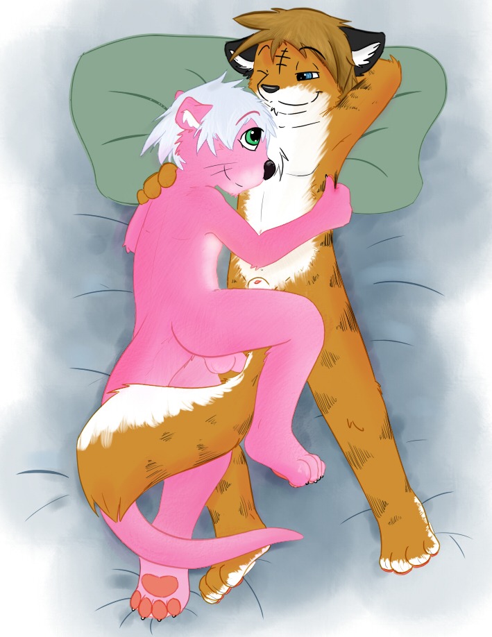 animal_genitalia anthro bed canid canine canis cuddling duo e621 felid fur furniture genitals hybrid jent knox_(artist) male male/male mammal mustelid ottah otter pantherine penis penis_tip pink_body pink_fur sheath tail tiger wolf