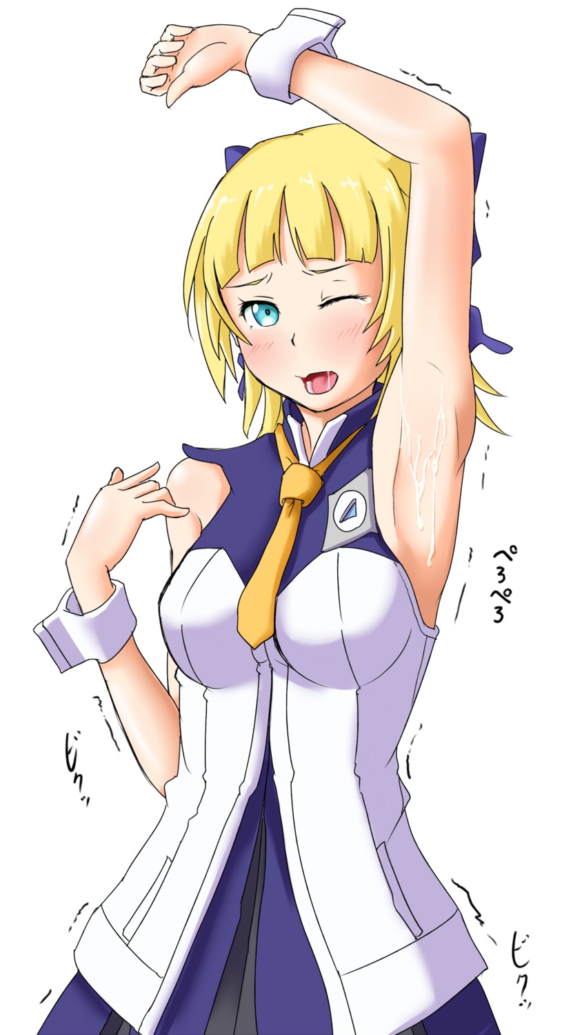 1girls armpits blonde_hair blue_eyes cum cum_on_armpit cum_on_body cum_on_upper_body eureka_seven eureka_seven_ao female female_only fleur_blanc highres rabinidaddo raised_arm rule34 saliva solo tear trembling wince