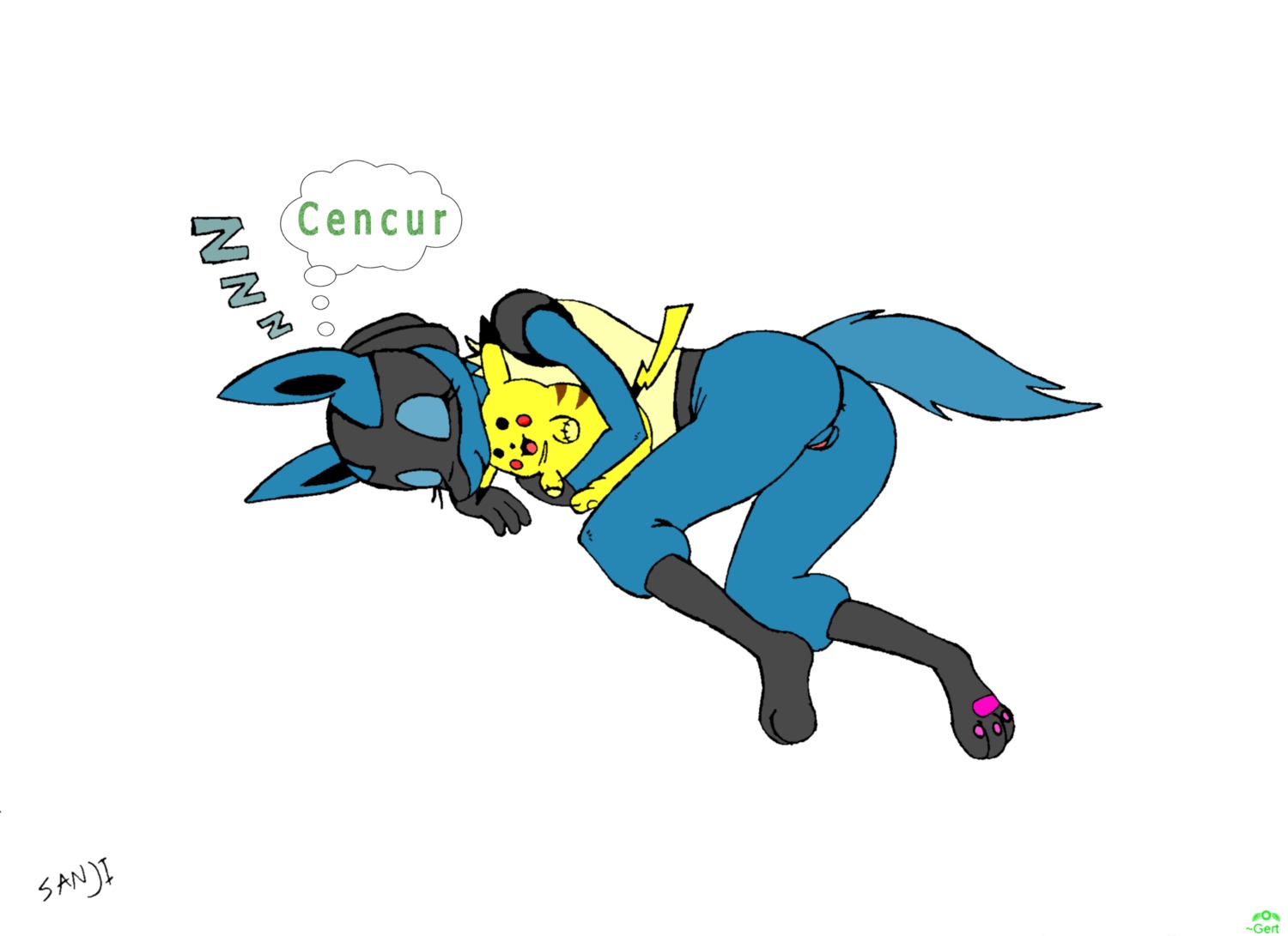 female female_lucario furry furry_only lucario nintendo pikachu pokemon pokemon_(species) pussy rule34 sanji_artist sleeping tagme