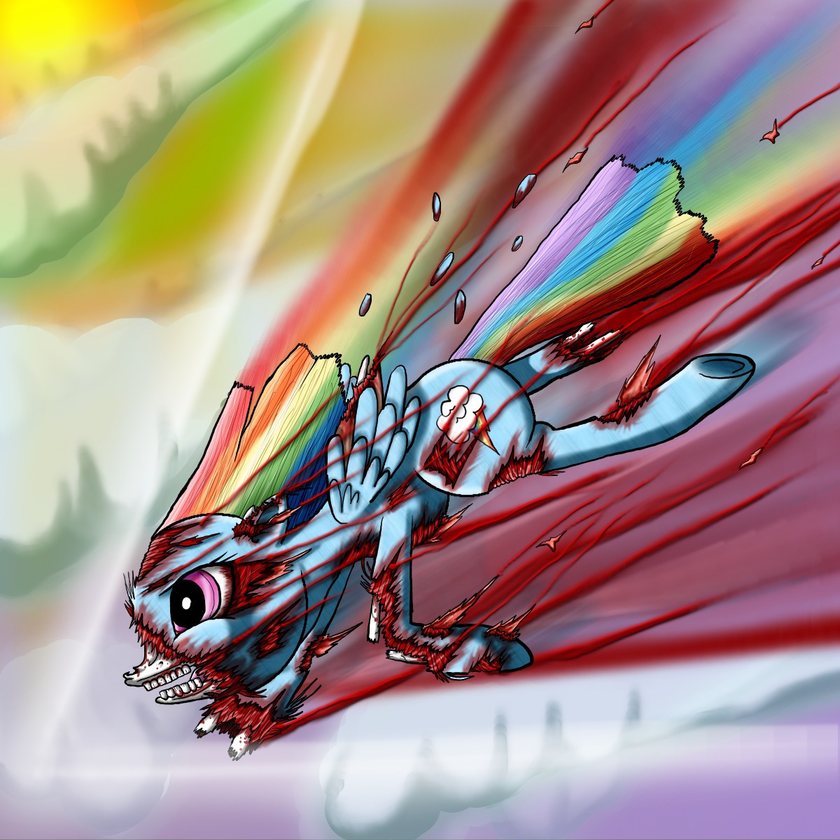 1:1 2012 abstract_background blood blue_body blue_feathers blue_fur bodily_fluids bone cloud cutie_mark e621 equid equine feathered_wings feathers female feral flying friendship_is_magic fur gore hair hasbro hi_res imminent_death mammal multicolored_hair my_little_pony mythological_creature mythological_equine mythology nightmare_fuel pegasus purple_eyes rainbow_dash_(mlp) rainbow_hair simple_background solo sonic_rainboom super-zombie the_truth wings