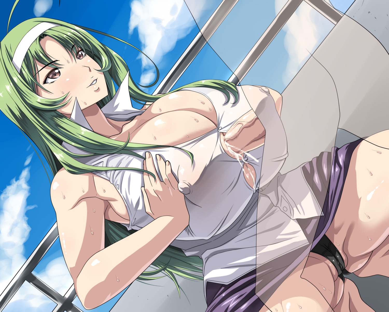 ahoge bent_over black_panties breast_squeeze breasts brown_eyes cameltoe censored cum erect_nipples female green_hair headband high_resolution huge_breasts kloah long_hair male nipples paizuri paizuri_under_clothes panties penis pointless_censoring pussy rule34 squatting star_driver straight sweat uncensored underwear upskirt watanabe_kanako