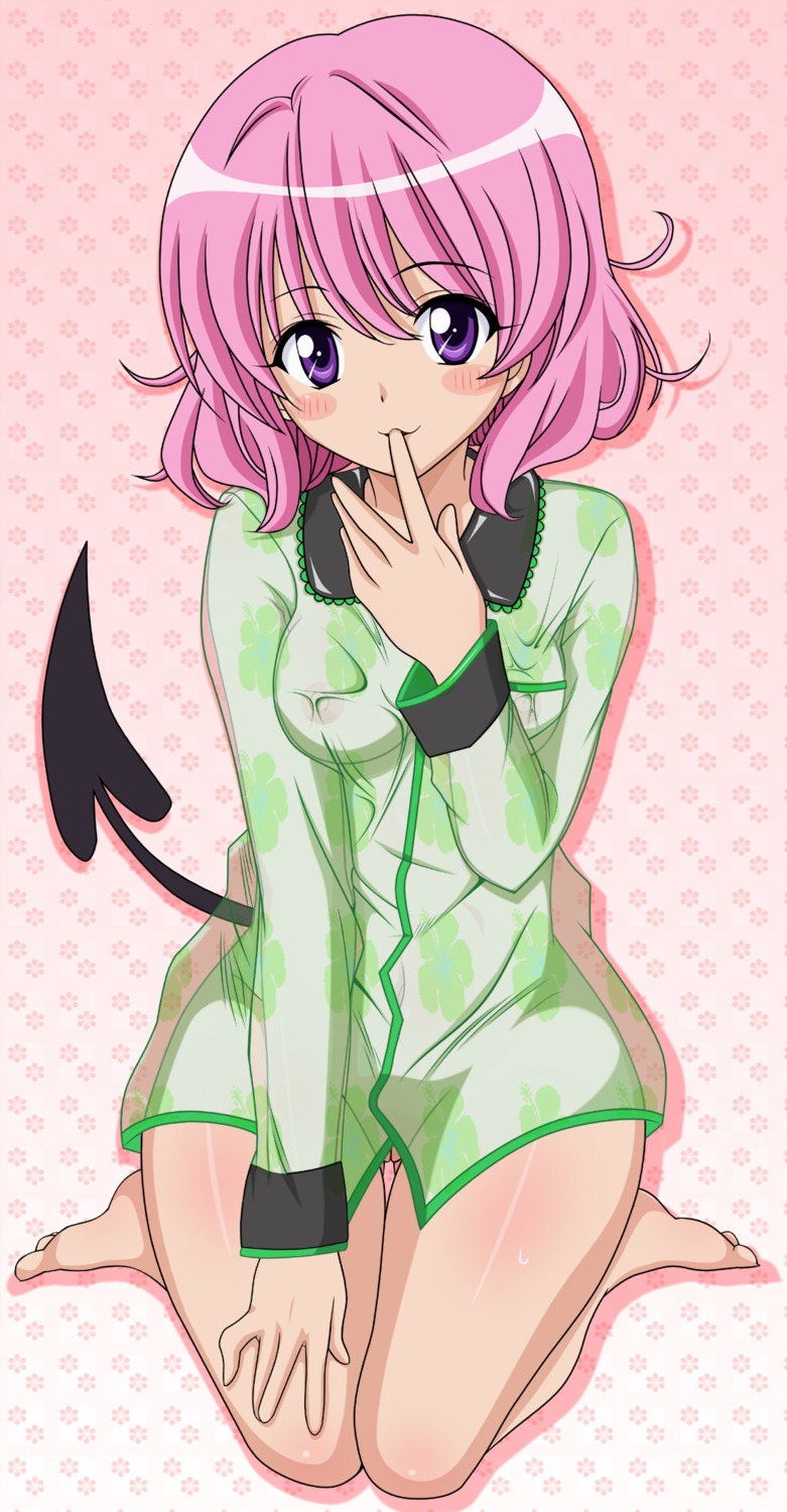 barefoot blush bottomless breasts clothing colored feet female harune highres hips kneeling messy_hair momo_velia_deviluke nipples no_panties pajamas pink_hair purple_eyes pussy pussy_peek rule34 see-through see-through_clothing short_hair sitting small_breasts solo tail to_love-ru uncensored wariza wide_hips