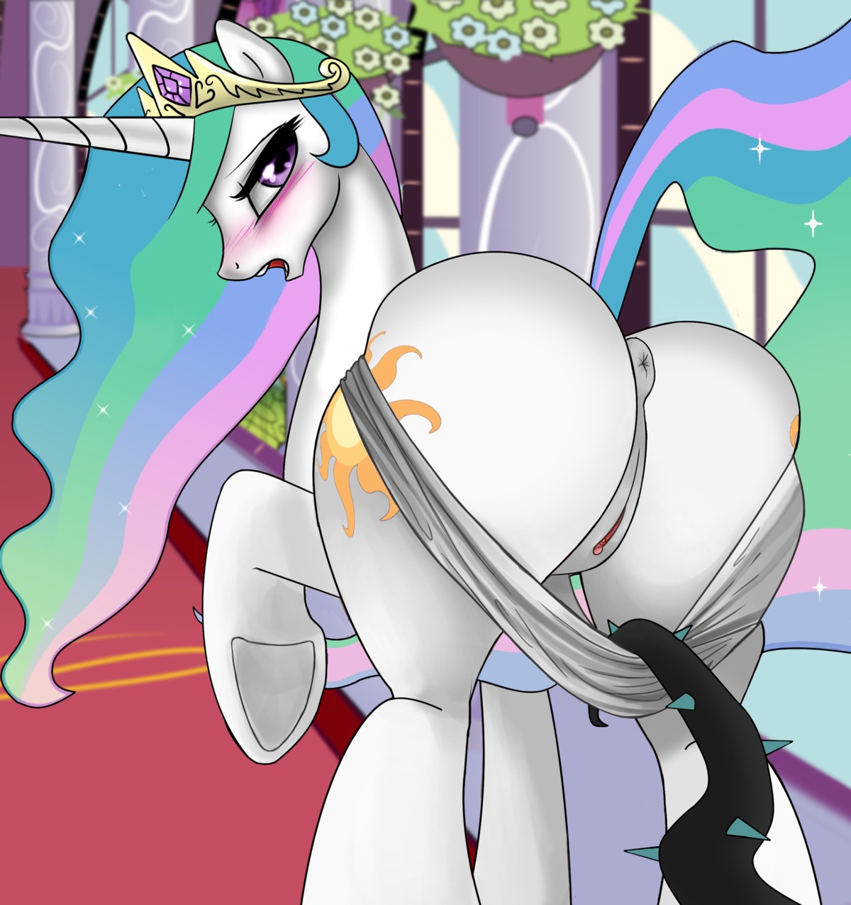 2013 absurd_res anus big_butt blush butt clothed clothing clothing_pull crown cutie_mark e621 equid equine female feral friendship_is_magic fur genitals hair hasbro headgear hi_res hooves horn horse inside john_joseco kinkypinkie long_hair looking_back mammal multicolored_hair my_little_pony panties panties_down panty_pull partially_clothed pink_blush pony presenting presenting_hindquarters presenting_vulva princess_celestia_(mlp) purple_eyes raised_leg raised_tail rammbrony solo standing tail tentacles third-party_edit underwear underwear_down underwear_pull undressing vulva white_body white_fur