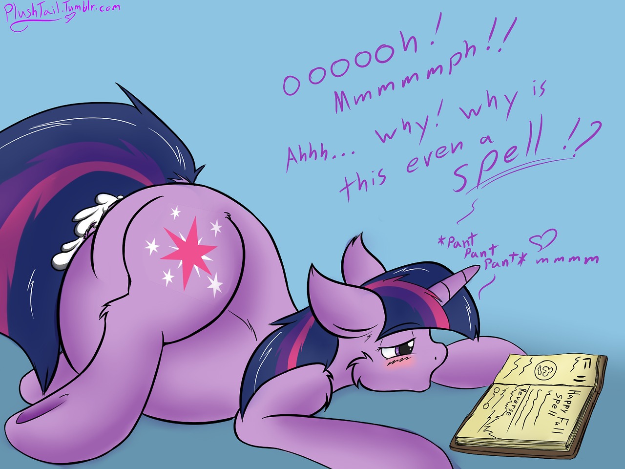 2013 4:3 blue_background blush bodily_fluids book breath cum cum_inflation cum_inside cutie_mark dialogue e621 english_text equid equine excessive_cum excessive_genital_fluids female feral friendship_is_magic fur genital_fluids hair hasbro heart_symbol horn inflation leaking lying mammal multicolored_hair my_little_pony mythological_creature mythological_equine mythology on_front open_mouth panting plushtail purple_body purple_eyes purple_fur purple_hair resting_on_belly simple_background solo text twilight_sparkle_(mlp) two_tone_hair unicorn