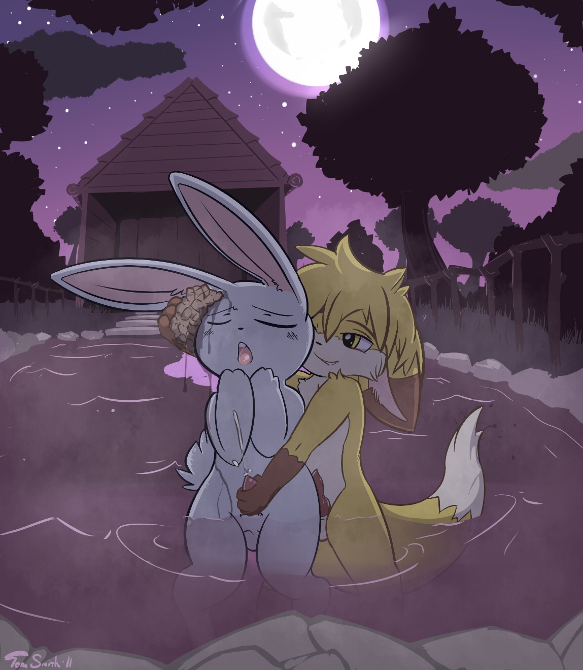 2011 anthro bodily_fluids canid canine conditional_dnp cum cumshot detailed_background dipstick_tail duo e621 ejaculation erection fox genital_fluids genitals handjob hi_res insomniacovrlrd knot lagomorph leporid male male/male mammal markings moon night orgasm outside penile penis rabbit sex sky star starry_sky tail tail_markings water