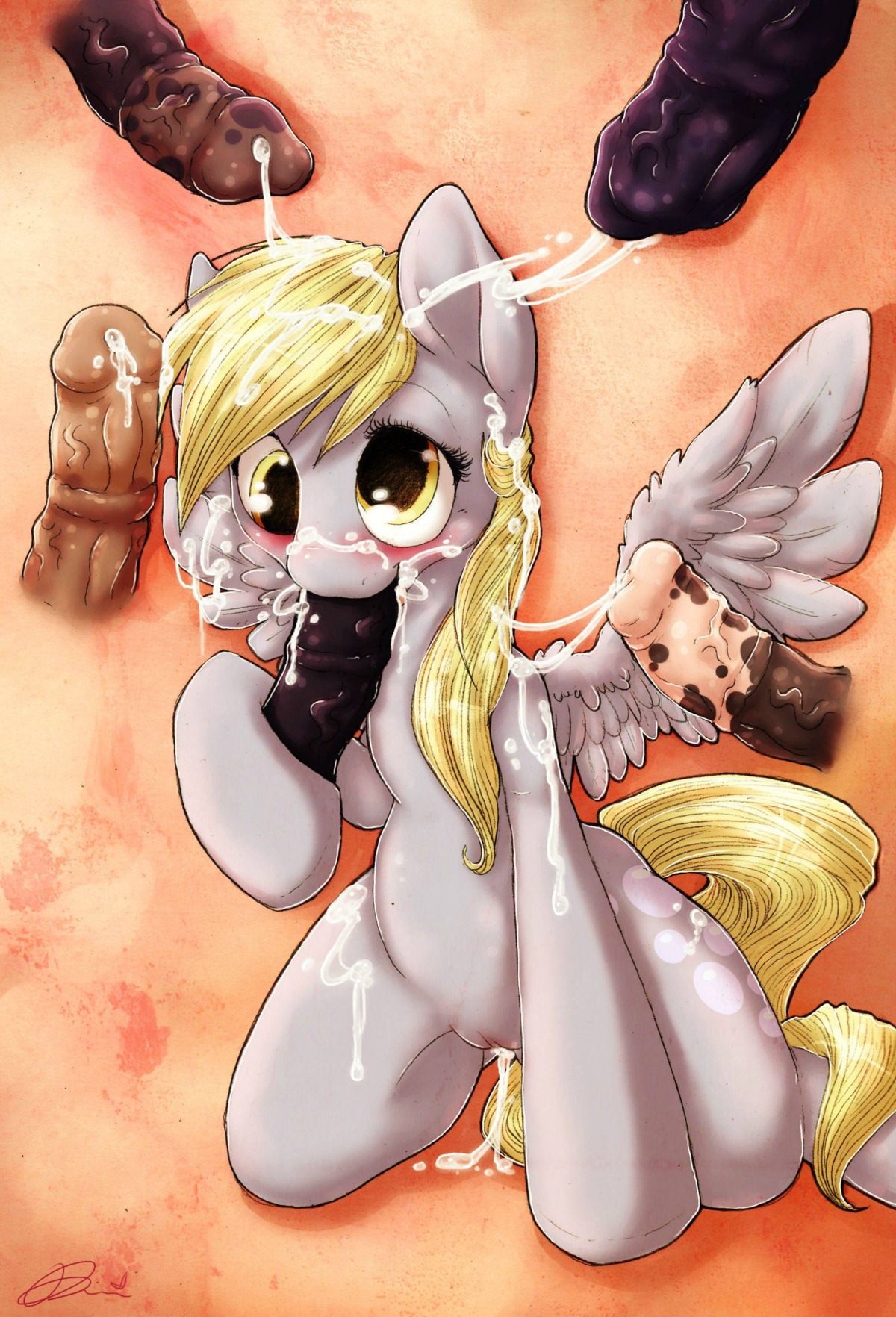 2013 absurd_res amber_eyes blonde_hair blush bodily_fluids bukkake cum cum_in_hair cum_in_mouth cum_in_vagina cum_inside cum_on_face cumshot cutie_mark derpy_hooves_(mlp) dimwitdog disembodied_penis e621 ejaculation equid equine erection feathered_wings feathers fellatio female feral friendship_is_magic fur genital_fluids genitals grey_body grey_feathers grey_fur group hair hasbro hi_res male male/female mammal my_little_pony mythological_creature mythological_equine mythology oral oral_penetration orgasm pegasus penetration penile penis sex vein veiny_penis vulva wings