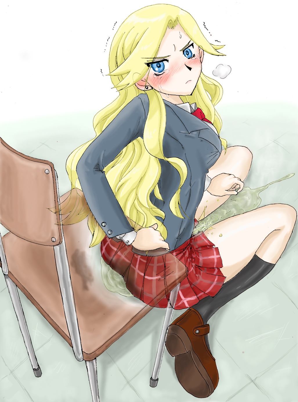 angry angry_face blonde blonde_female blonde_hair blue_eyes blush blushing blushing_at_viewer bottomwear chair embarrassed female female_focus female_only jacket kimura_kaere legwear long_hair looking_at_viewer looking_up looking_up_at_viewer on_floor peeing peeing_self plaid_skirt pleated_skirt rule34 sayonara_zetsubou_sensei shoes sitting sitting_on_floor sitting_on_lap sitting_pee skirt socks solo solo_female solo_focus tagme tears tile_floor tiles topwear urinating urinating_female urination urine urine_pool