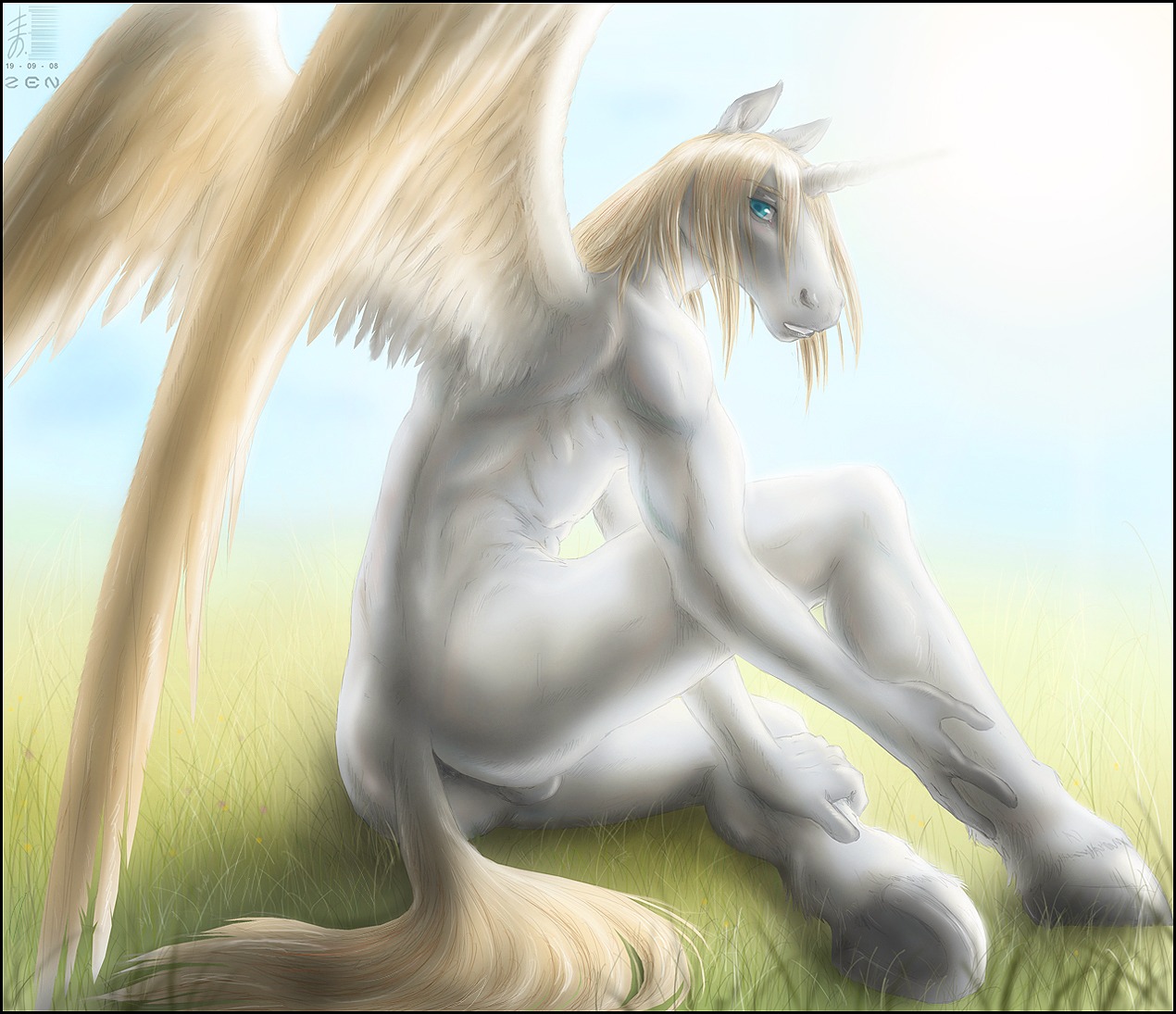 2008 anthro anus backsack balls biped butt e621 equid equine feathered_wings feathers genitals hooves horn horseshoe male mammal mythological_creature mythological_equine mythology nude shy sitting solo tail tail_anus unicorn_horn winged_unicorn wings zenthetiger