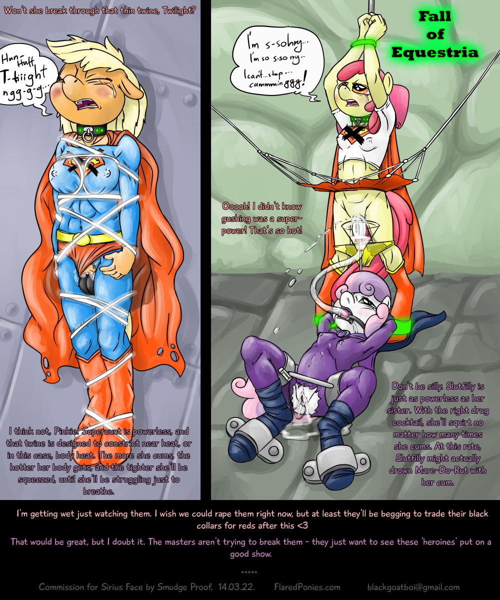 5:6 alternate_species anthro anthrofied apple_bloom_(mlp) applejack_(mlp) bdsm bodily_fluids bondage bound clothing collar cosplay costume crossover dc_comics digital_media_(artwork) e621 earth_pony electrostimulation english_text equid equine fall_of_equestria female forced forced_orgasm friendship_is_magic group hasbro hi_res horse kryptonite mammal mare_do_well_(mlp) my_little_pony nipple_clamp orgasm ponification pony smudge_proof supergirl superhero superman sweetie_belle_(mlp) tears text