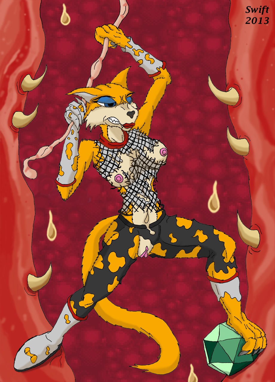 2013 acid ambiguous_gender anthro ardy_lightfoot_(game) breasts catry clothing dissolving e621 female female/ambiguous genitals gloves handwear hi_res jewelry solo swift_(artist) torn_clothing vore vulva
