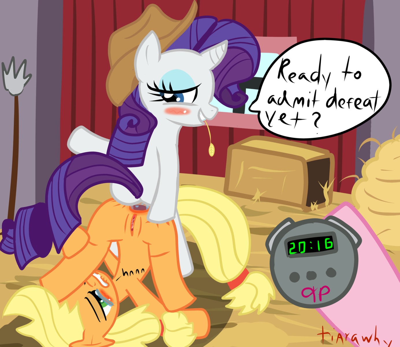 2012 anal anal_penetration applejack_(mlp) arms_bent ass_to_ass ass_up barn blush bodily_fluids butt butt_grab clenched_teeth clock clothing dialogue dildo double_dildo duo_focus e621 earth_pony english_text equid equine extended_arms extended_legs female female/female feral friendship_is_magic genitals grin group hair hand_on_another's_butt hand_on_butt hand_on_leg hand_on_own_leg hasbro hat hay_pile head_turned headgear headwear hi_res holding_leg holding_object horn horse intraspecies looking_back mammal my_little_pony mythological_creature mythological_equine mythology penetration pile pinkie_pie_(mlp) pony raised_hips rarity_(mlp) reverse_piledriver_position sex sex_toy shoulder_stand sitting smile spread_legs spreading stopwatch tail tears teeth text tiarawhy trio unicorn vulva watch