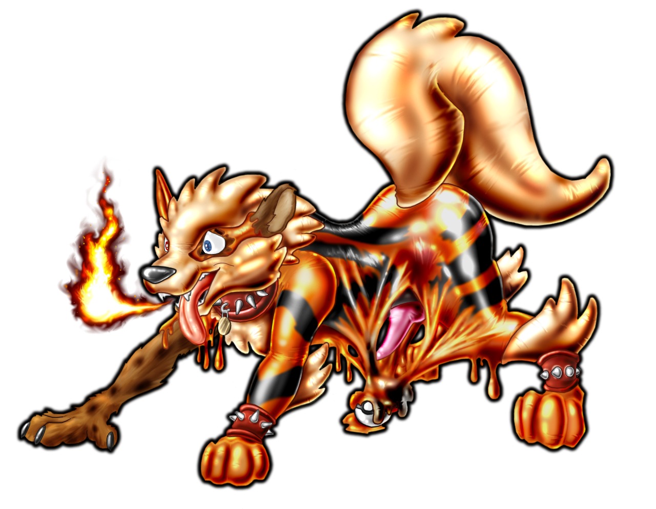 1boy arcanine canine collar feral fire furry male male_only penis poke_ball pokemon pokemon_(species) pokemon_transformation rule34 solo spikes tongue transformation