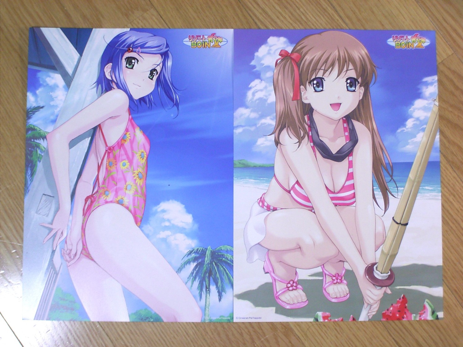 2girls amamiya_momona beach big_breasts bikini bikini_top blue_eyes blue_hair boin breasts brown_hair cleavage female female_focus female_only green_eyes happoubi_jin highres koromogae_maya light-skinned_female light_skin multiple_females multiple_girls one-piece_swimsuit open_mouth pale-skinned_female pale_skin photo_(medium) picture_of_picture resized resort_boin rule34 short_hair side_ponytail small_breasts swimsuit swimwear younger_female