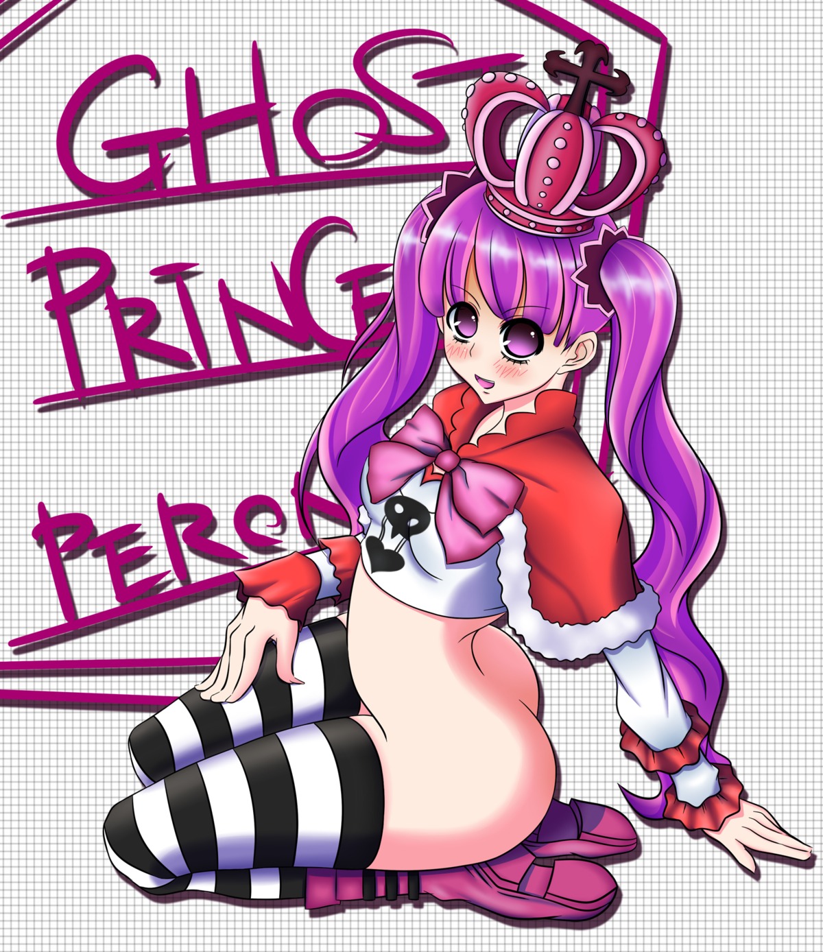 1girls aogi_iizuka ass blush boots bottomless bow breasts clothing color crown english_text female female_focus female_only footwear gothic_lolita highres kneeling long_hair one_piece perona purple_eyes purple_hair ribbon rule34 small_breasts socks solo solo_focus straight_hair striped_legwear striped_pantyhose text thighhighs tied_hair twintails