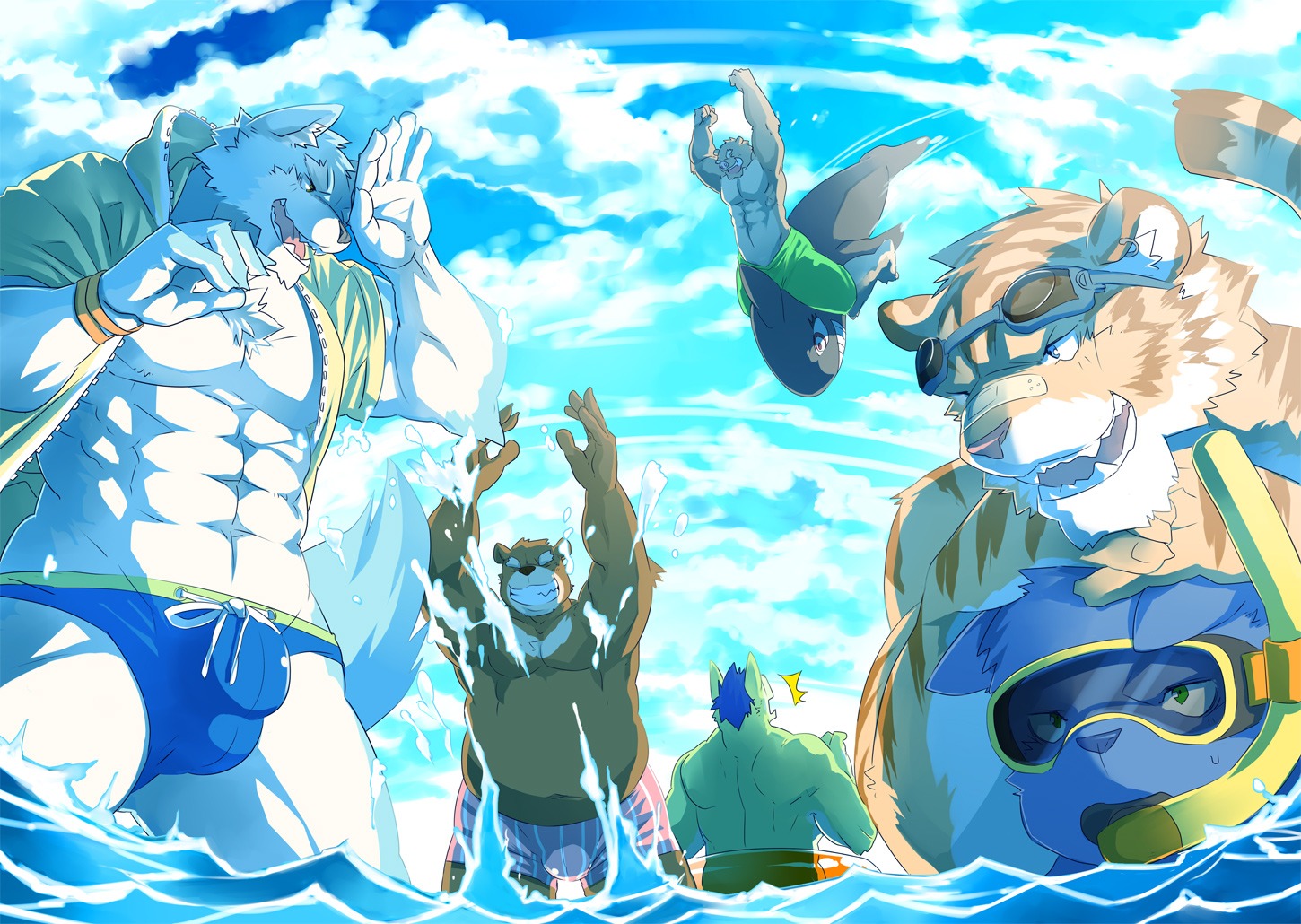 abs anthro aquatic bandage barazoku bear biceps big_muscles blue_body blue_eyes blue_fur blue_hair blue_nose blue_theme bottomwear bracelet brown_body brown_fur bulge canid canine canis cetacean chest_tuft clothed clothing cloud color_contrast dolphin e621 ear_piercing eyes_closed eyewear fangs felid fur goggles green_eyes grin group hair jewelry kemono kenn male mammal muscular muscular_male nipples oceanic_dolphin one_eye_closed open_clothing open_mouth open_shirt open_topwear orca ork outside pantherine pecs piercing raised_arm sea shirt shorts sky smile snorkel speedo splash standing stripes suid suine surprised sus_(pig) swimwear teeth tiger tongue toothed_whale topless topwear tuft tusks water wet white_body white_fur wild_boar wolf