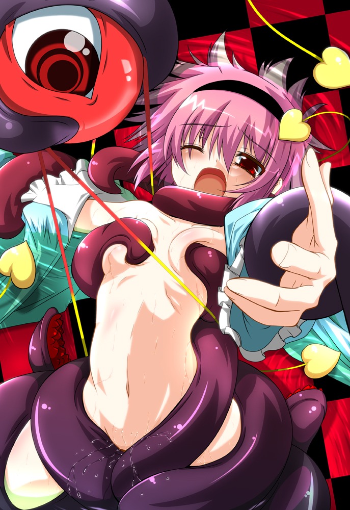 1girls breast_squeeze breasts clothed_rape female flat_chest foreshortening fumihiro hairband lying navel nipples nude on_back open_mouth pink_hair purple_eyes pussy pussy_juice rape rule34 satori_komeiji short_hair solo tentacle tentacle_rape touhou wet