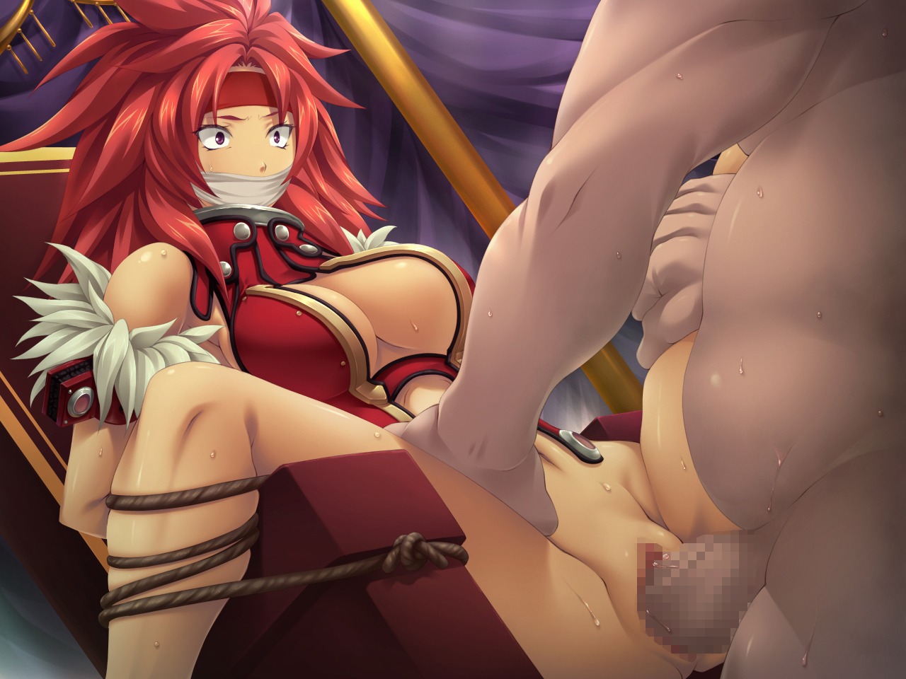 bondage censored constricted_pupils female female_focus gag queen's_blade rape red_hair risty rule34 sex straight
