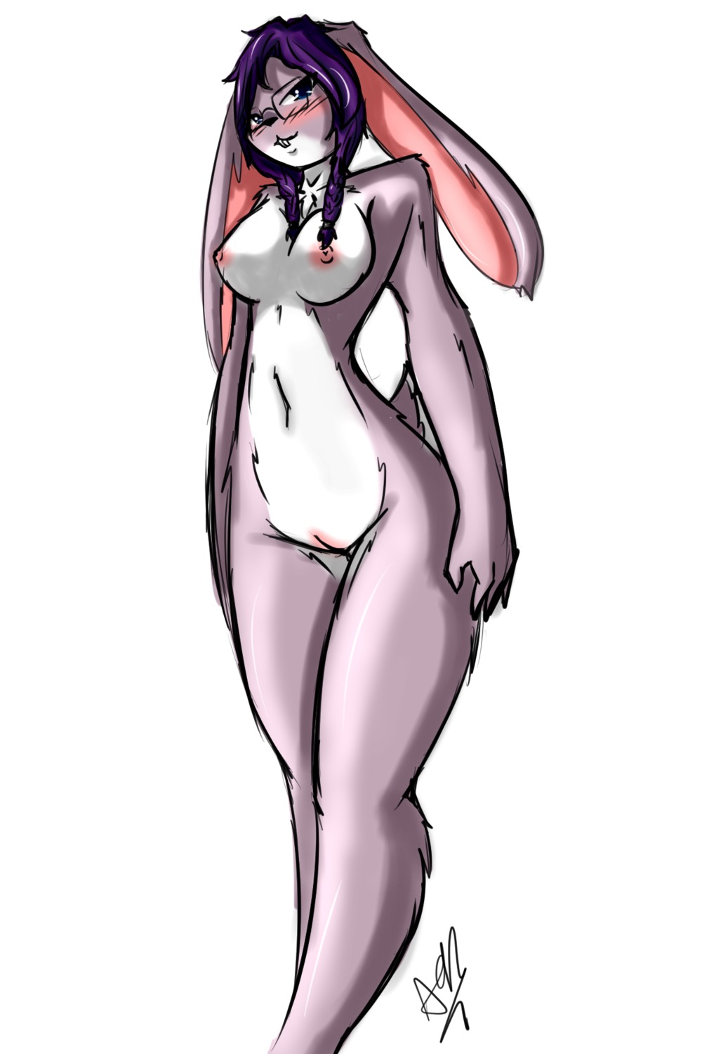 2:3 anthro avante92 blue_eyes blush breasts e621 eyewear female genitals glasses hair hi_res lagomorph leporid looking_at_viewer mammal nipples purple_hair rabbit simple_background solo vulva white_background
