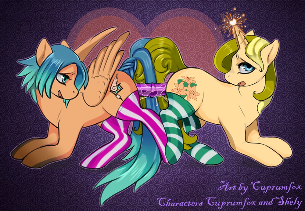 2014 blonde_hair blue_hair clothing duo e621 equid equine etsu_cuprumfox fan_character feathered_wings feathers female feral footwear fur genitals green_eyes hair hasbro horn legwear mammal mane my_little_pony mythological_creature mythological_equine mythology pegasus sex short_hair socks unicorn vulva wings