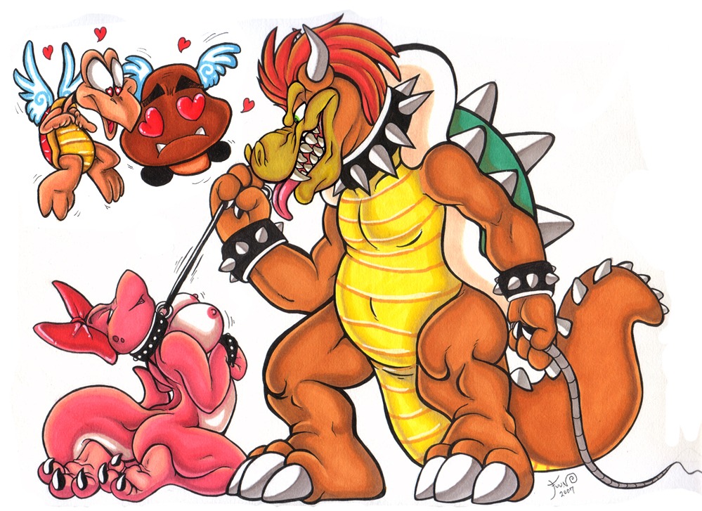 1girls 2007 2d anthro artist_request birdetta birdo bondage bowser breasts dinosaur female goomba leash male mario_(series) monster multiple_boys multiple_males nintendo no_humans paragoomba paratroopa reptile rule34 scalie straight_hair tail