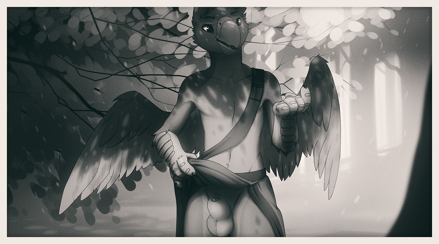 animal_genitalia ark_gullwing avian balls beak bird border clothing e621 exposing feathered_wings feathers genitals gryphon lundi male monochrome mythological_avian mythological_creature mythology orange_border penis penis_tip sheath solo undressing wings