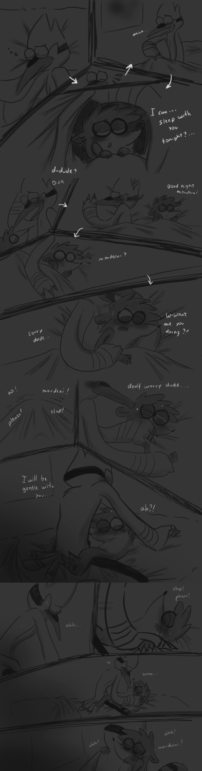anal anthro avian beak bed begging begging_for_mercy bird black_and_white blue_jay blush bodily_fluids cartoon_network comic corvid cum dialogue digital_media_(artwork) duo e621 english_text explicitly_stated_nonconsent eyes_closed forced from_front_position furniture genital_fluids hi_res hug jay_(bird) kissing licking lying male male/male male_penetrated male_penetrating male_penetrating_male mammal missionary_position monochrome mordecai_(regular_show) new_world_jay night on_back oscine passerine penetration pillow procyonid raccoon rape re-sublimity-kun regular_show rigby_(regular_show) sex sleeping surprised sweat tears text tongue tongue_out