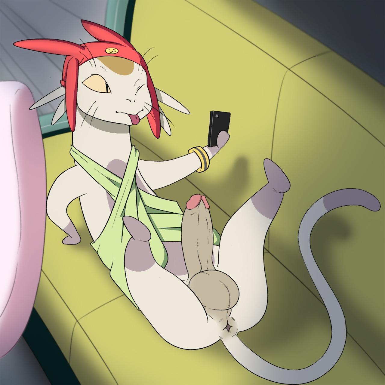 1:1 2014 alien anus balls betelgeusian butt cellphone e621 electronics erection exhibitionism felid feral gaping gaping_anus genitals hi_res high-angle_view holding_object holding_phone humanoid_genitalia humanoid_penis jerseydevil male mammal meow_(space_dandy) one_eye_closed penis phone selfie solo space_dandy tail tail_anus tongue tongue_out