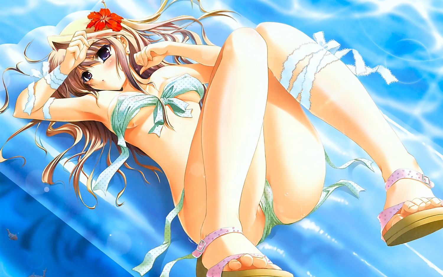 1girls arched_back bare_shoulders bikini blush breasts brown_hair cameltoe cleavage erect_nipples feet female flower highres midriff nipples pool pussy rule34 sandals small_breasts solo swimming_pool swimsuit wallpaper