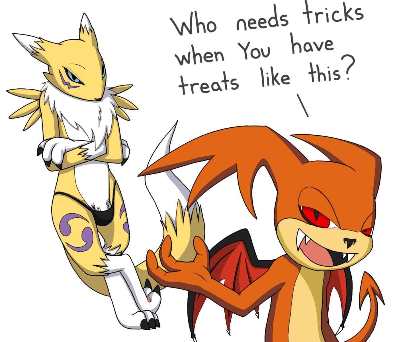 anthro bandai_namco black_sclera canid canine clothing costume dialogue digimon digimon_(species) dipstick_tail duo e621 english_text fur genitals hi_res male mammal markings mokvwap patachu penis penis_base renamon tail tail_markings text unknown_artist white_body white_fur yellow_body yellow_fur