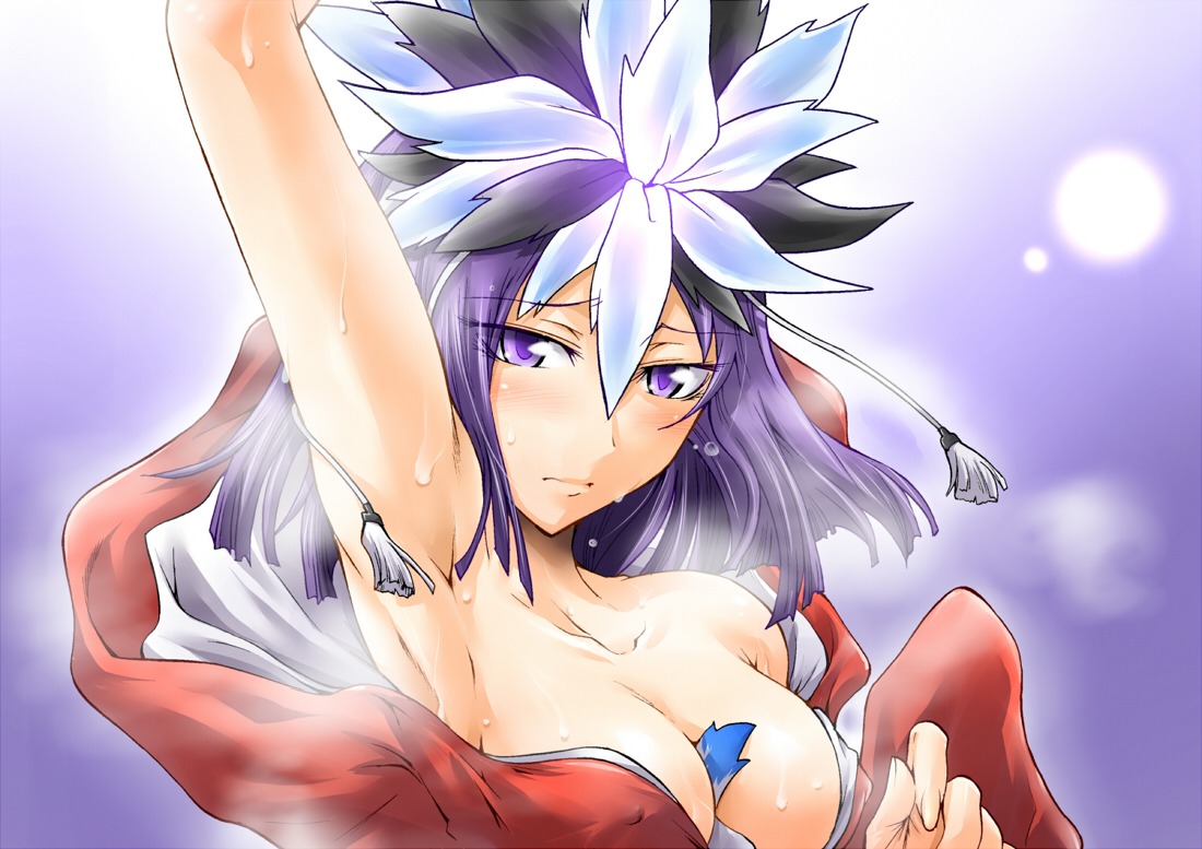 1girls armpits bare_shoulders between_breasts breasts cleavage clothing devil_survivor_(series) devil_survivor_1 erect_nipples erect_nipples_under_clothes female headdress hoodie kuzuryuu_amane large_breasts nipples purple_eyes purple_hair rule34 segami_daisuke short_hair smell sweat tail_between_breasts wet