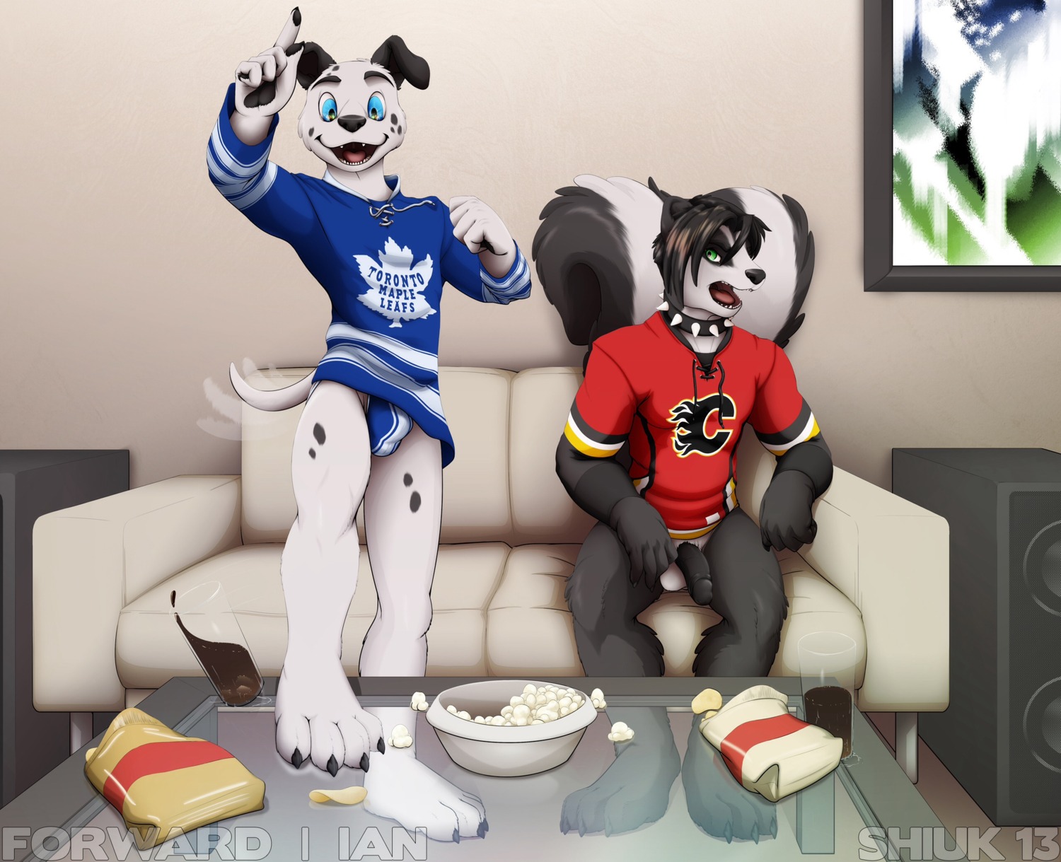 2013 4_toes afterimage angry annoyed anthro balls barefoot beverage black_body black_fur black_hair black_nose black_pawpads black_penis blue_eyes bottomless briefs bulge calgary_flames canid canine canis chips_(food) circumcised claws clothed clothing collar container cup dalmatian domestic_dog duo e621 english_text feet flaccid food forefinger fur furniture genitals glass green_eyes hair happy hi_res hindpaw hockey humanoid_genitalia humanoid_penis jersey jockstrap looking_at_viewer male mammal mephitid motion_blur nhl nude open_mouth panties pawpads paws penis playful popcorn pose rivalry seductive sharp_teeth shirt shiuk sitting skunk soda sofa speaker spiked_collar spikes sport standing tail tail_motion tailwag teeth text toe_claws toes topwear toronto_maple_leafs underwear white_balls white_body white_fur