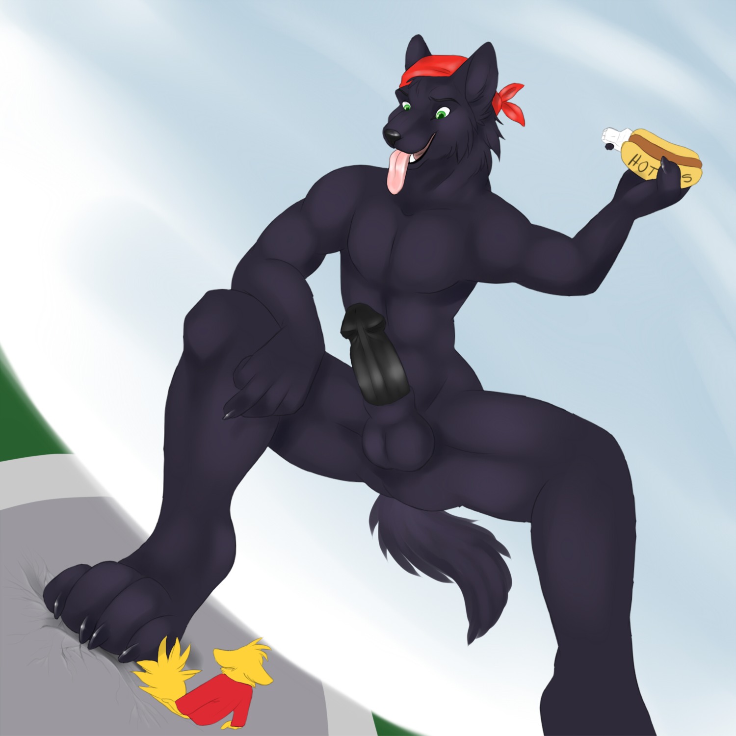 1:1 anthro black_body black_fur black_nose black_penis canid canine canis clothing digital_media_(artwork) duo e621 erection fur genitals green_eyes hi_res homeless kerchief lupine_assassin macro male mammal penis red_kerchief solo_focus tail tassy_(artist) tongue wolf